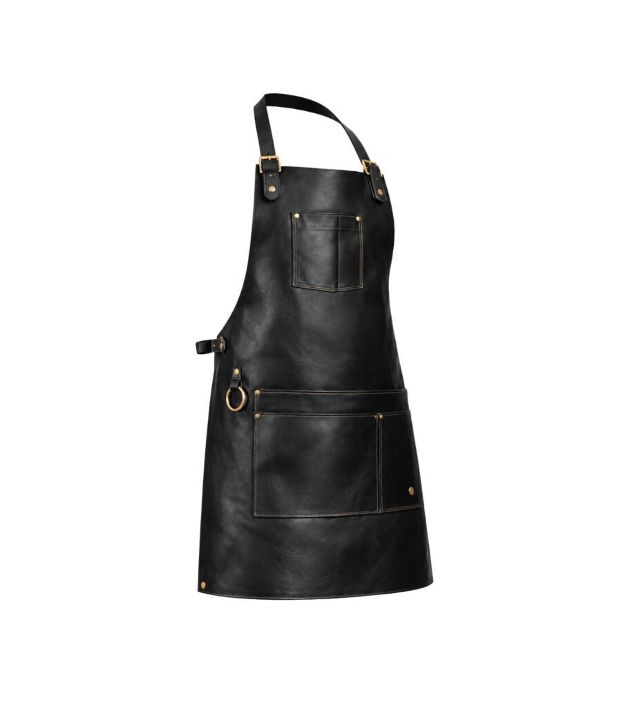Black leather apron with multiple pockets and brass hardware