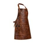 Brown leather apron with multiple pockets and pens