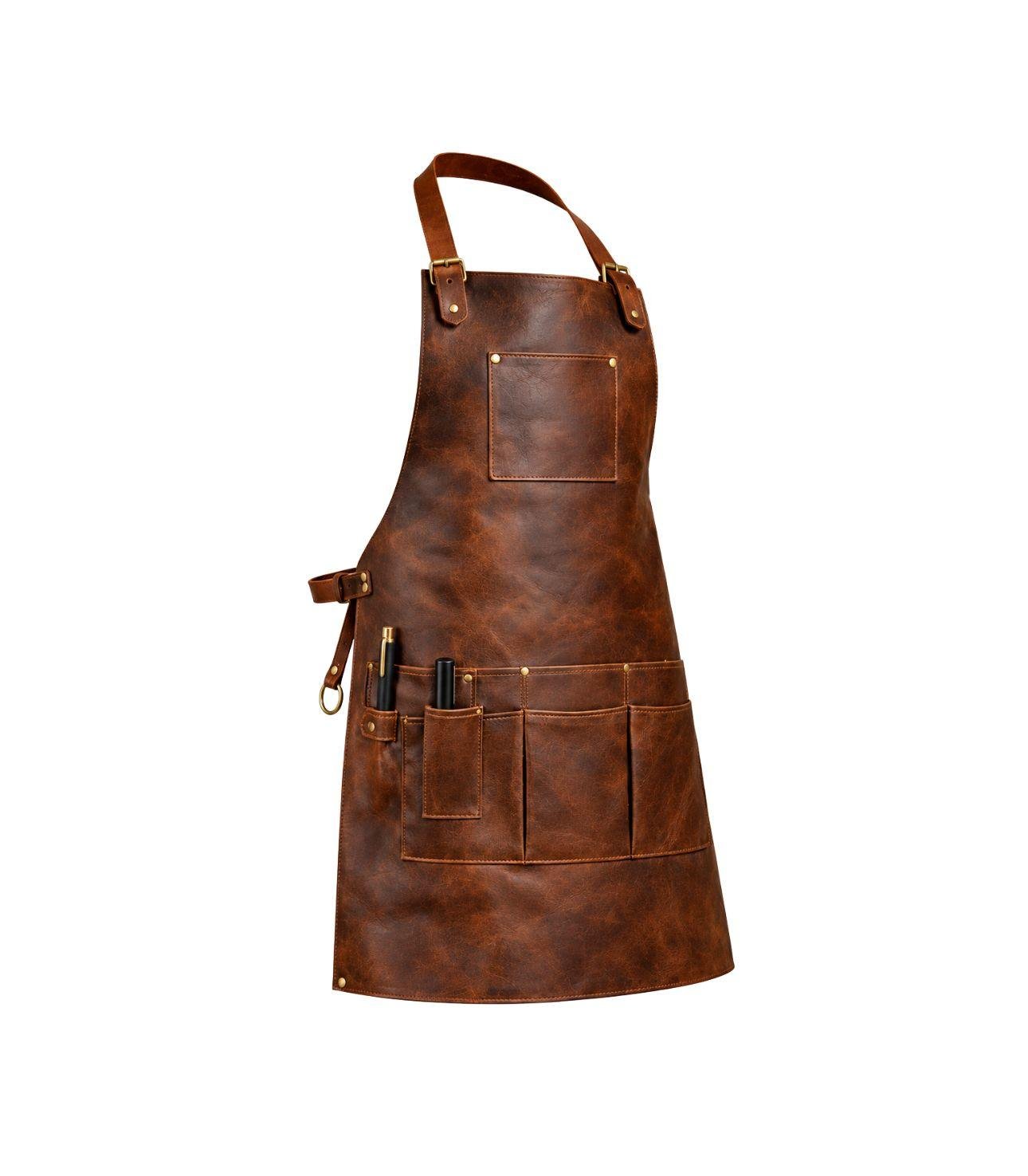 1-73 Brown leather apron with multiple pockets and pens