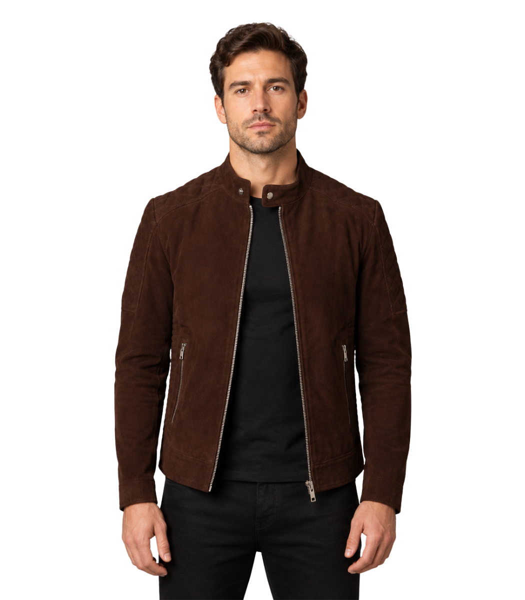 1 Fernando Quilted Brown Suede Biker Jacket - Image 1