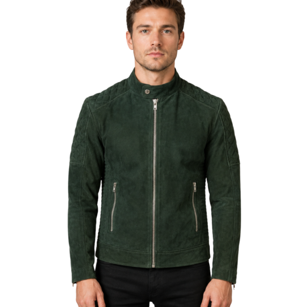 Men's Quilted Green Suede Biker Jacket - Balder