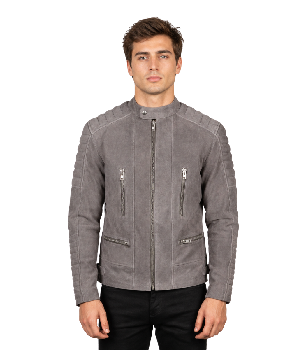 1 Damian Grey Suede Biker Jacket - Image 1