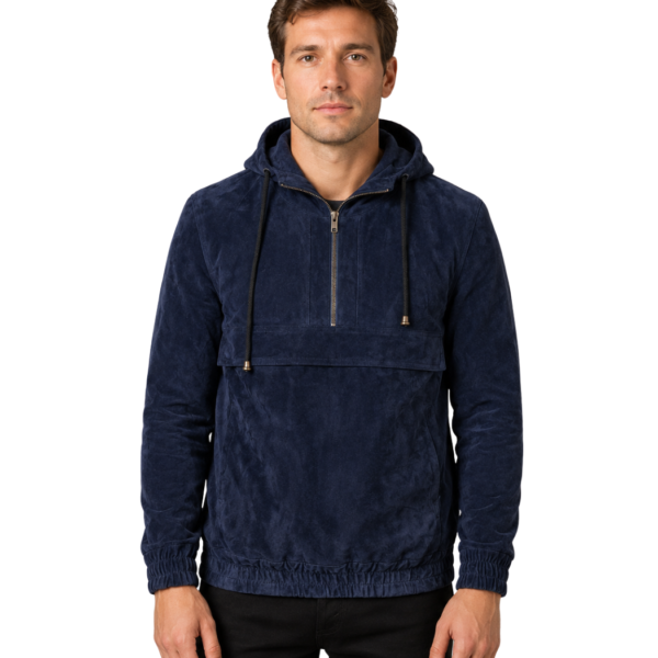 Men's Hooded Blue Suede Pullover Jacket - Rasmus