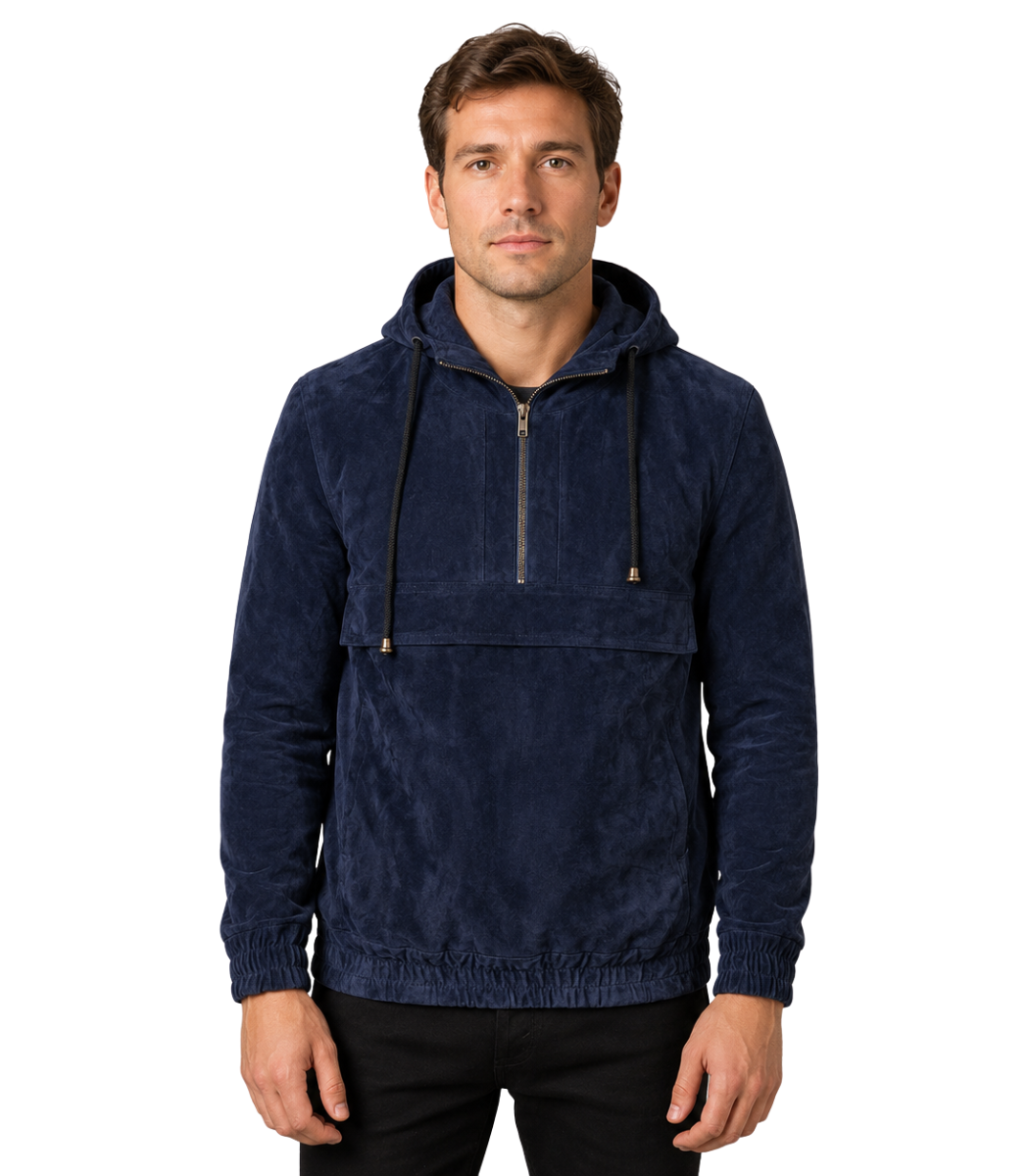 1 Kenton Hooded Blue Suede Pullover Jacket - Image 1