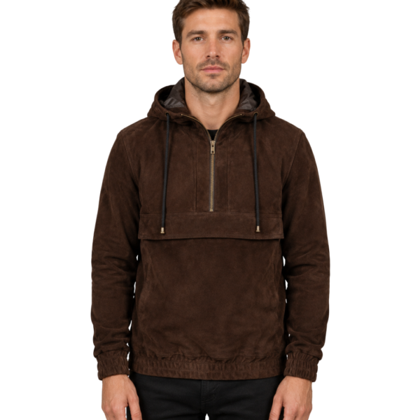 Men's Hooded Mocha Suede Pullover Jacket - Rasmus