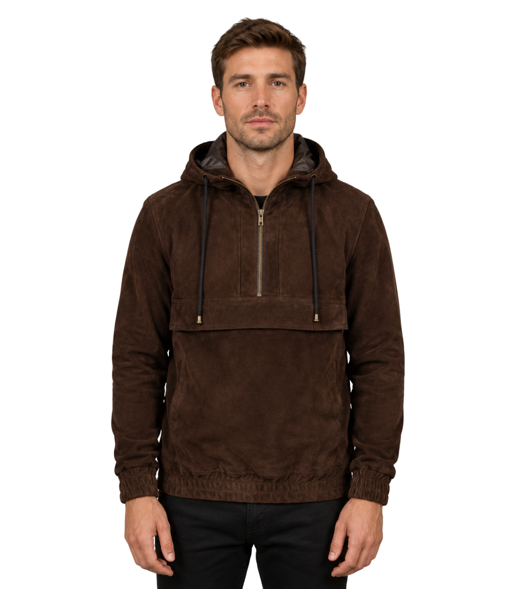 1 Kenton Hooded Mocha Suede Pullover Jacket - Image 1