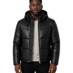 Gordon Black Hooded Leather Puffer Jacket