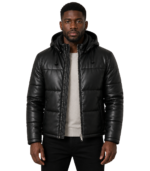 Gordon Black Hooded Leather Puffer Jacket