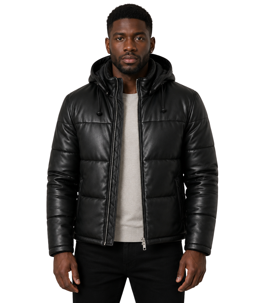 1 Gordon Black Hooded Leather Puffer Jacket - Image 1