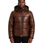 Gordon Waxed Brown Hooded Leather Puffer Jacket