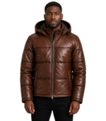 Gordon Waxed Brown Hooded Leather Puffer Jacket