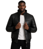 Lucas Black Leather Puffer Bomber Jacket