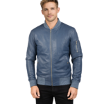 Bomia Blue Leather Bomber Jacket