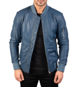 Bomia Blue Leather Bomber Jacket - Image 2