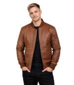 Semi-Aniline Brown Leather Bomber Jacket