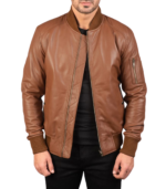 Semi-Aniline Brown Leather Bomber Jacket - Image 3