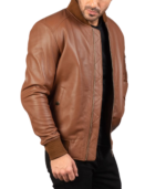 Semi-Aniline Brown Leather Bomber Jacket - Image 4