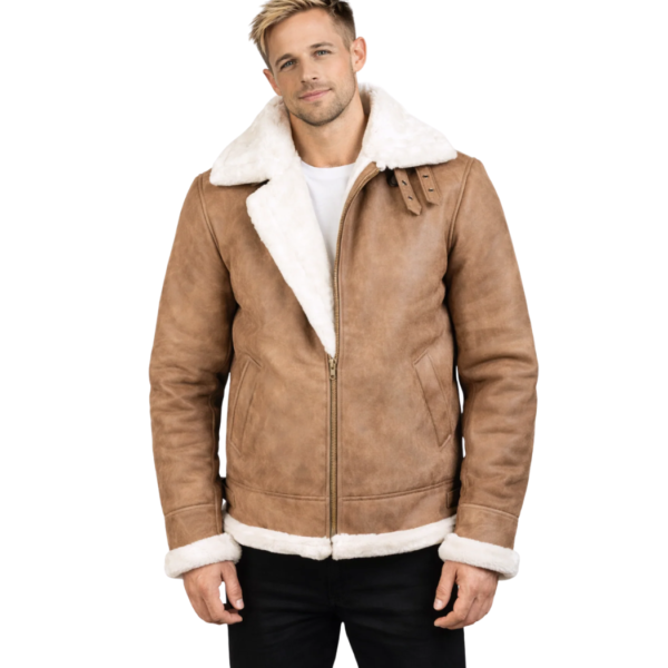 Men's Distressed Brown Shearling Leather Bomber Jacket - Ravn