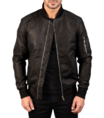 Men's Black Snap-Collar MA-1 Leather Bomber Jacket – Rune - Image 2