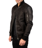 Men's Black Snap-Collar MA-1 Leather Bomber Jacket – Rune - Image 4