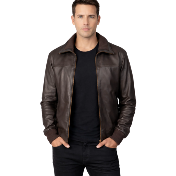 Men's Brown Leather Bomber Jacket - Toren