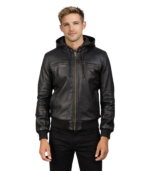 Bouncer Zipper Black Leather Bomber Jacket