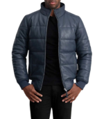 Lucas Blue Leather Puffer Bomber Jacket - Image 2