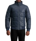 Lucas Blue Leather Puffer Bomber Jacket - Image 4