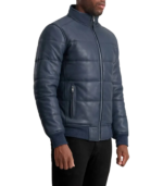 Lucas Blue Leather Puffer Bomber Jacket - Image 5