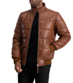Lucas Brown Leather Puffer Bomber Jacket - Image 3