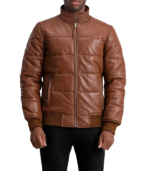 Lucas Brown Leather Puffer Bomber Jacket - Image 2