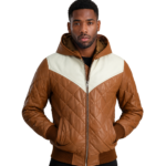Norman Tan Hooded Bomber Leather Puffer Jacket