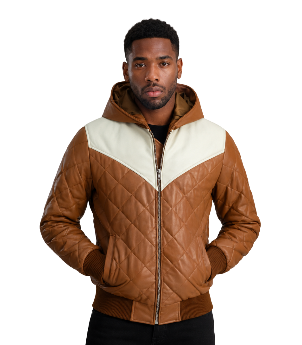 175 Norman Tan Hooded Bomber Leather Puffer Jacket - Image 1