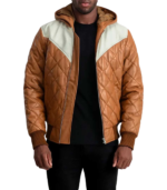 Norman Tan Hooded Bomber Leather Puffer Jacket - Image 2