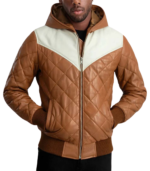 Norman Tan Hooded Bomber Leather Puffer Jacket - Image 4