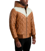 Norman Tan Hooded Bomber Leather Puffer Jacket - Image 5