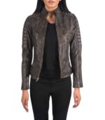 Adalyn Quilted Distressed Brown Leather Biker Jacket - Image 2