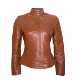 Women Classic Motorcycle Brown Leather Jacket - Image 2