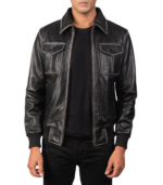 Aaron Black Leather Bomber Jacket - Image 2