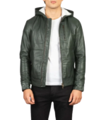 Baston Green Hooded Leather Bomber Jacket - Image 2