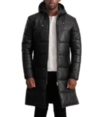 Floyd Black Hooded Leather Puffer Coat - Image 2