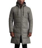 Men's Grey Hooded Leather Puffer Coat – Torger - Image 2