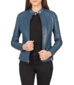 Kelsee Blue Leather Biker Jacket - Image 2