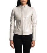 Ice Maiden Silver Quilted Leather Biker Jacket - Image 2