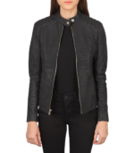 Kelsee Distressed Black Leather Biker Jacket - Image 2