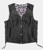 Sugar Skull Lined Black Leather Vest - Image 2