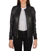Avery Black Leather Bomber Jacket - Image 2
