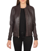 Avery Maroon Leather Bomber Jacket - Image 2