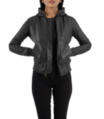 Luna Black Hooded Leather Bomber Jacket - Image 2