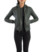Luna Green Hooded Leather Bomber Jacket - Image 2